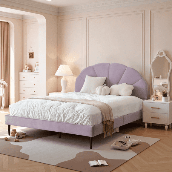 VELOCAVA Queen Size Bed Frame with Seashell Headboard, Velvet-Like Upholstered Bed with Wood Slat Support, Dusty Lavender