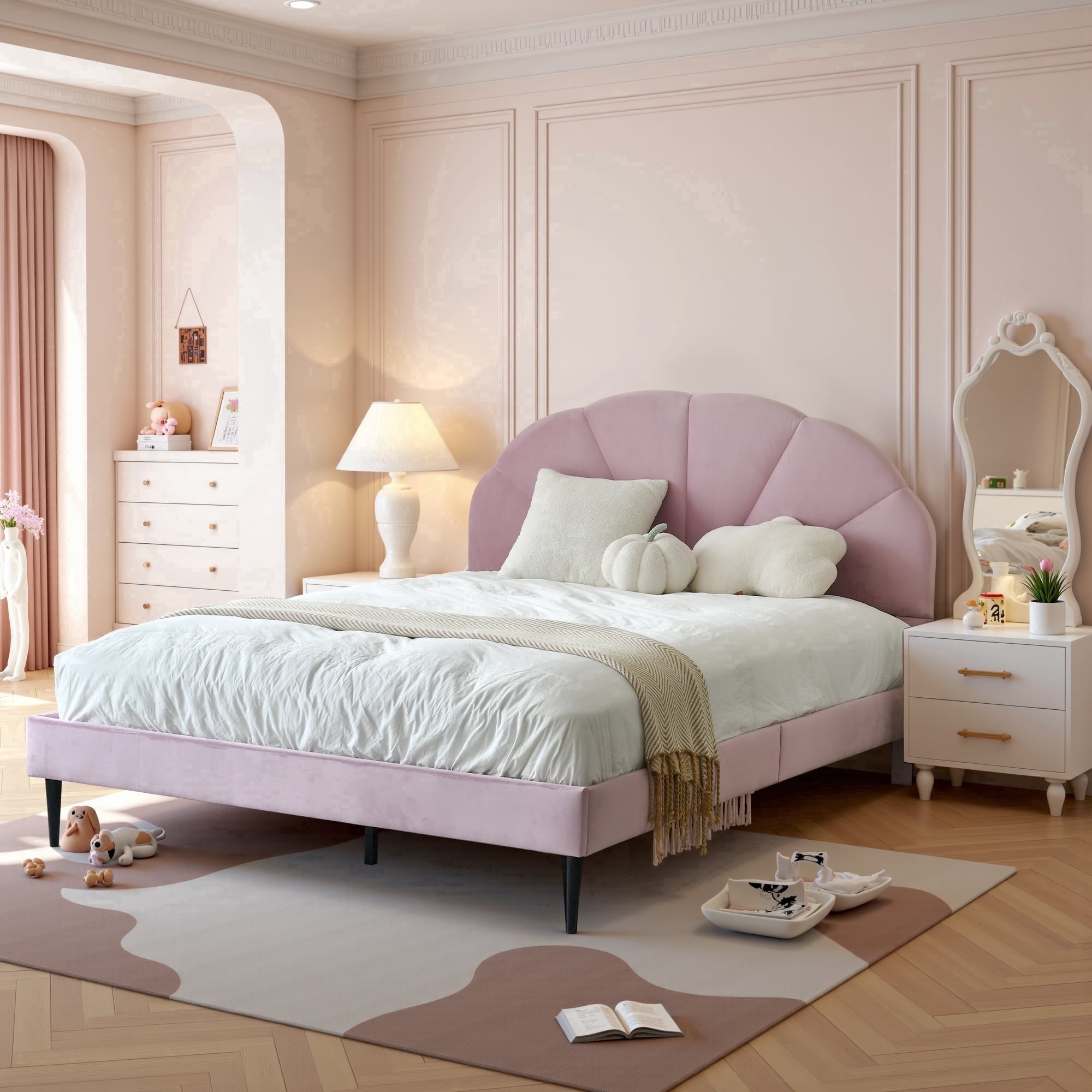 Queen Size Bed Frame with Seashell Headboard, Velvet-Like Upholstered Platform Bed with Wood Slat Support, No Box Spring Needed, Pink