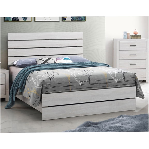 Queen Size Bed Frame with Slatted Headboard and Footboard, Ivory Wood Platform Bed, Farmhouse Style Panel Bed, No Box Spring Needed