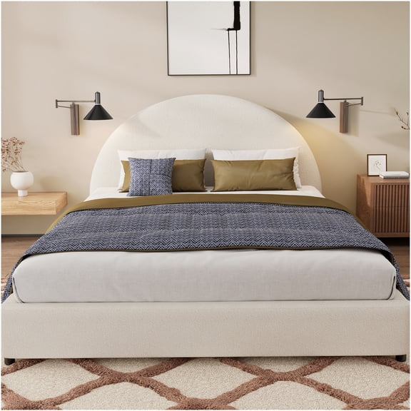 Queen Size Bed Frame with Soft Boucle Upholstered Headboard, Curved Platform Bed with Wood Slats Support, No Box Spring Needed, Easy Assembly, White