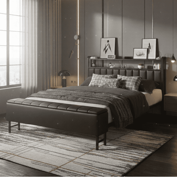 Bed Frame Queen Size with Starry Sky Lights and Charging Station, Upholstered Platform Bed with Storage Ottoman, Black