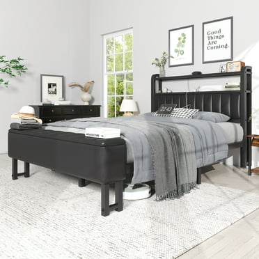 Queen Size Bed Frame with Starry Sky Lights and Charging Station, Upholstered Headboard with Storage, Black