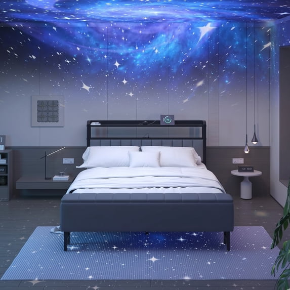 Bed Frame Queen Size with Starry Sky Lights and Charging Station, Upholstered Platform Bed with Storage Ottoman, Gray
