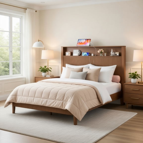 Queen Size Bed Frame with Storage & Charging Ports, Wave-Shaped Headboard, Metal Support, No Box Spring Needed, Walnut