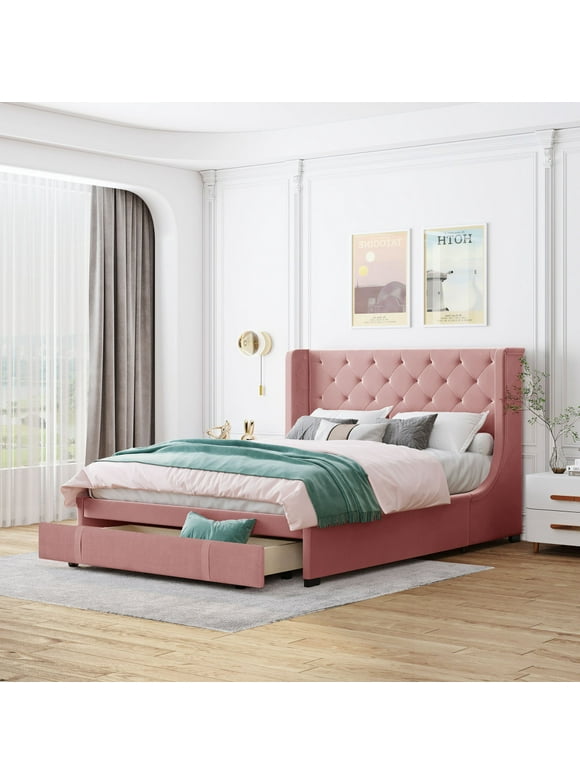 Queen Size Bed Frame with Storage Drawer, Velvet Upholstered Storage Bed with Button Tufted Headboard, Wingback Platform Bed Queen Size, Pink