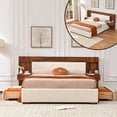 thumbnail image 1 of Queen Size Bed Frame with Storage Drawers & Built-in Nightstands, Wood Bed Frame with Linen Upholstered Headboard, No Box Spring Needed, Cream, 1 of 10