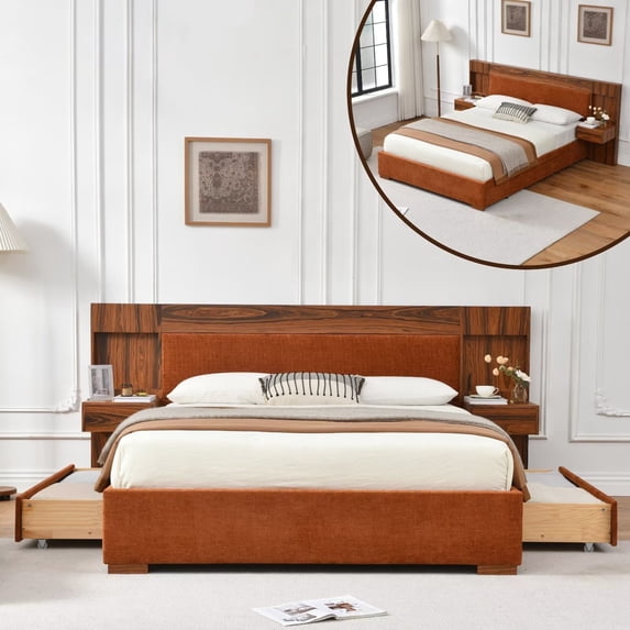 Queen Size Bed Frame with Storage Drawers & Built-in Nightstands, Wood Bed Frame with Linen Upholstered Headboard, No Box Spring Needed, Ocher