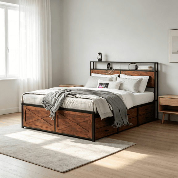 Queen Size Bed Frame with Storage Headboard, 12 Drawers, RGB LED Lights, USB Charging Station, Metal Platform, No Box Spring Needed