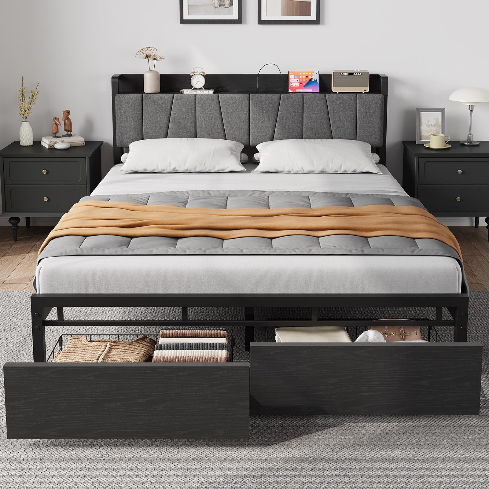 Queen Size Bed Frame with Storage Headboard, Black Queen Platform Bed with 2 Large Drawers and Charging Station, No Box Spring Needed Bedframe