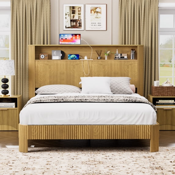 Queen Size Bed Frame with Storage Headboard,Built-in Charging Station,Wavy Curved Lines Design,Silent Operation,Metal Support,Natural