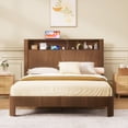 thumbnail image 1 of Queen Size Bed Frame with Storage Headboard,Built-in Charging Station,Wavy Curved Lines Design,Silent Operation,Metal Support,Walnut, 1 of 8