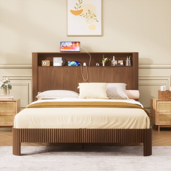 Queen Size Bed Frame with Storage Headboard,Built-in Charging Station,Wavy Curved Lines Design,Silent Operation,Metal Support,Walnut