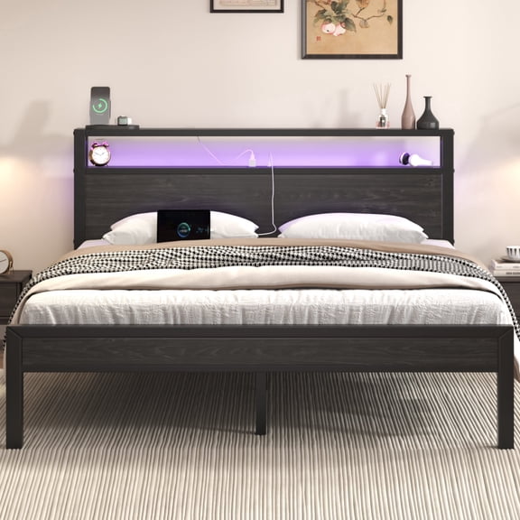 Queen Size Bed Frame with Storage Headboard, Metal Platform Bed with Charging Station & LED Lights, Heavy Duty Metal Slats, No Box Spring Need, Black