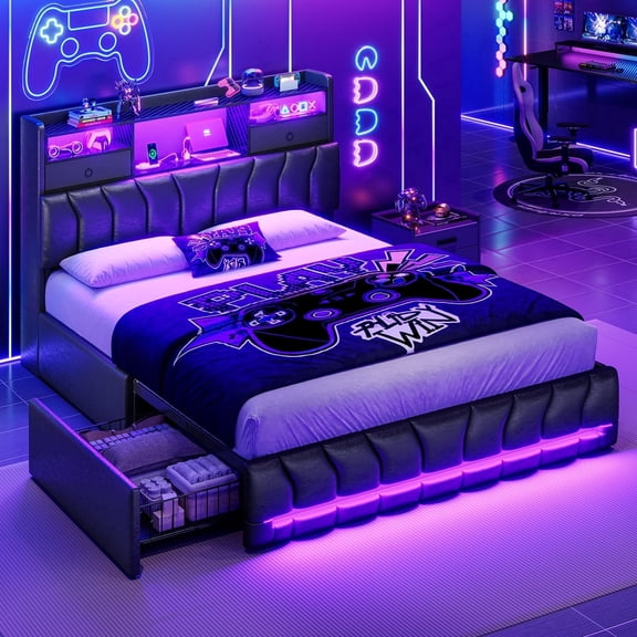 Queen Size Bed Frame with Storage Headboard, Upholstered Platform Bed With 2 Large Drawers,Queen Bed with Charging Station and LED Light,Black