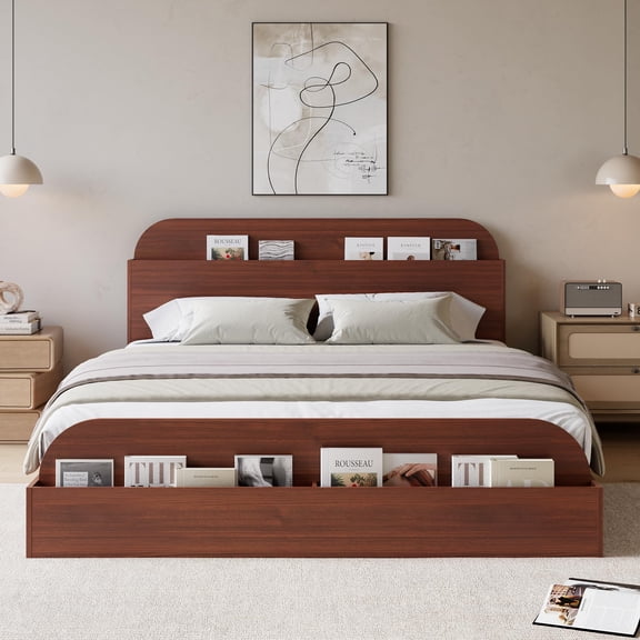 Queen Size Bed Frame with Storage Headboard and Raised Footboard – Wooden Full-Floor Low Platform Bed for Bedroom,Red Wood Color