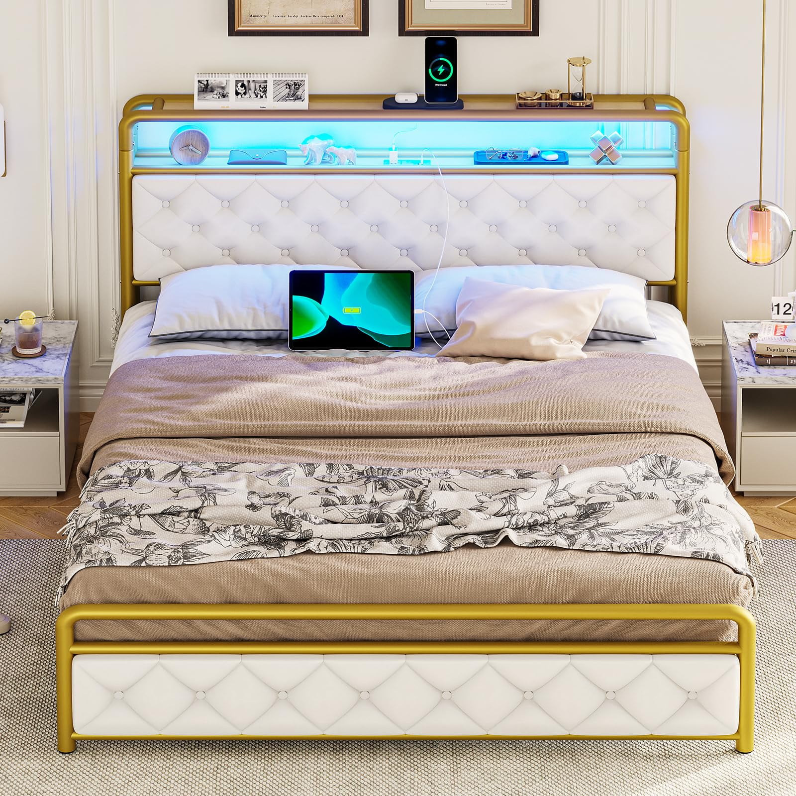 Queen Size Bed Frame with Storage LED Headboard,Upholstered Platform