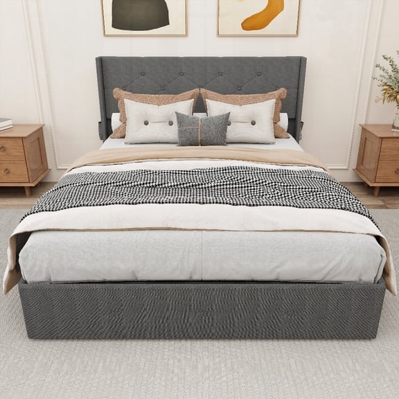 Queen Size Bed Frame with Storage - Modern Wingback, Gas Lift, USB Ports