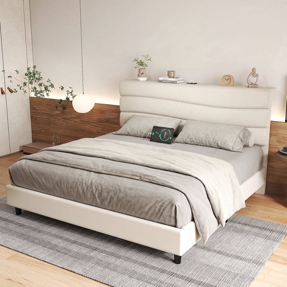 Queen Size Bed Frame with Storage Platform Upholstered Bed Frame with Adjustable Headboard & Charge Station,Beige