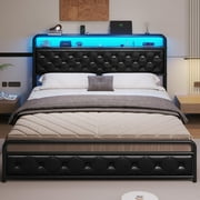Queen Size Bed Frame with USB Ports Headboard & LED Light,Faux Leather Upholstered Platform Bed Frame with Storage Headboard,Faux Leather Black