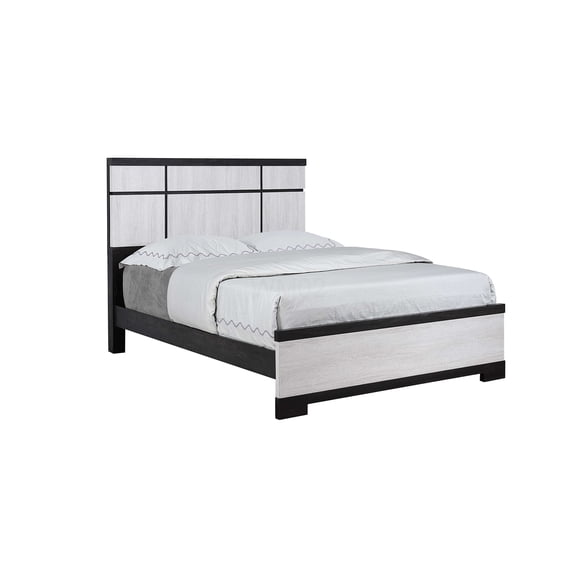 Queen Size Bed Frame with Upholstered Headboard, Cream and Ebony Wood Platform Bed with Slats, No Box Spring Needed