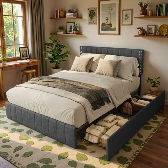 Bed Frame Queen Size with Adjustable Headboard,Lofka Platform Bed with Adjustable Headboard& 4 Storage Drawers, Dark Grey