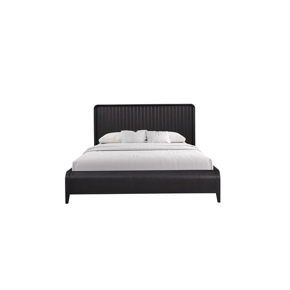 Queen Size Bed Frame with Upholstered Headboard, Modern Platform Bed with Channel Tufted Design, No Box Spring Needed, Black Wood Bedroom Furniture