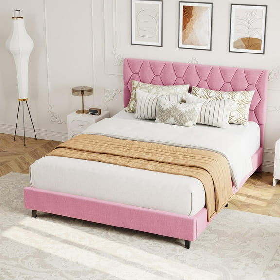 GOGRANT Upholstered Headboard Wood Slat Support Bed Frame, Queen