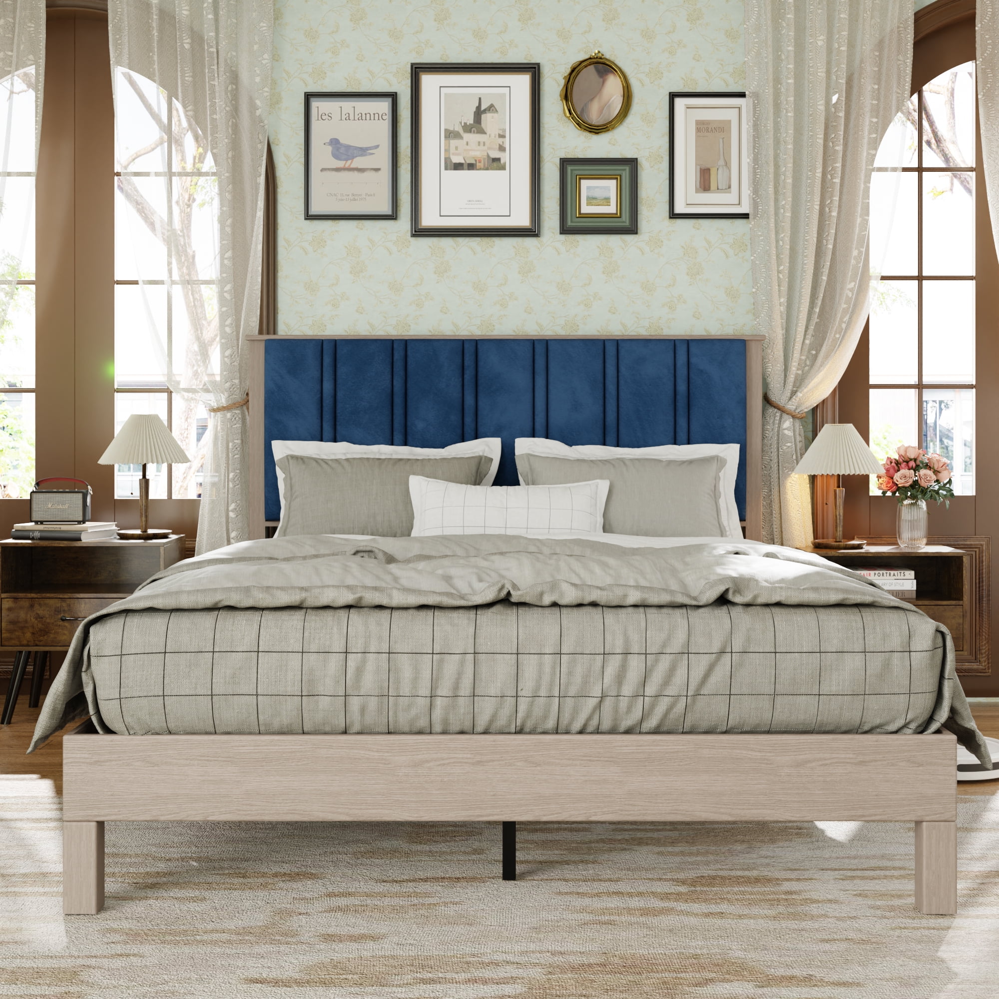 Queen Size Bed Frame with Upholstered Headboard,Wood Platform Bed Frame with Wood Slat Support, Mattress Foundation for Adults Kids,Easy Assembly