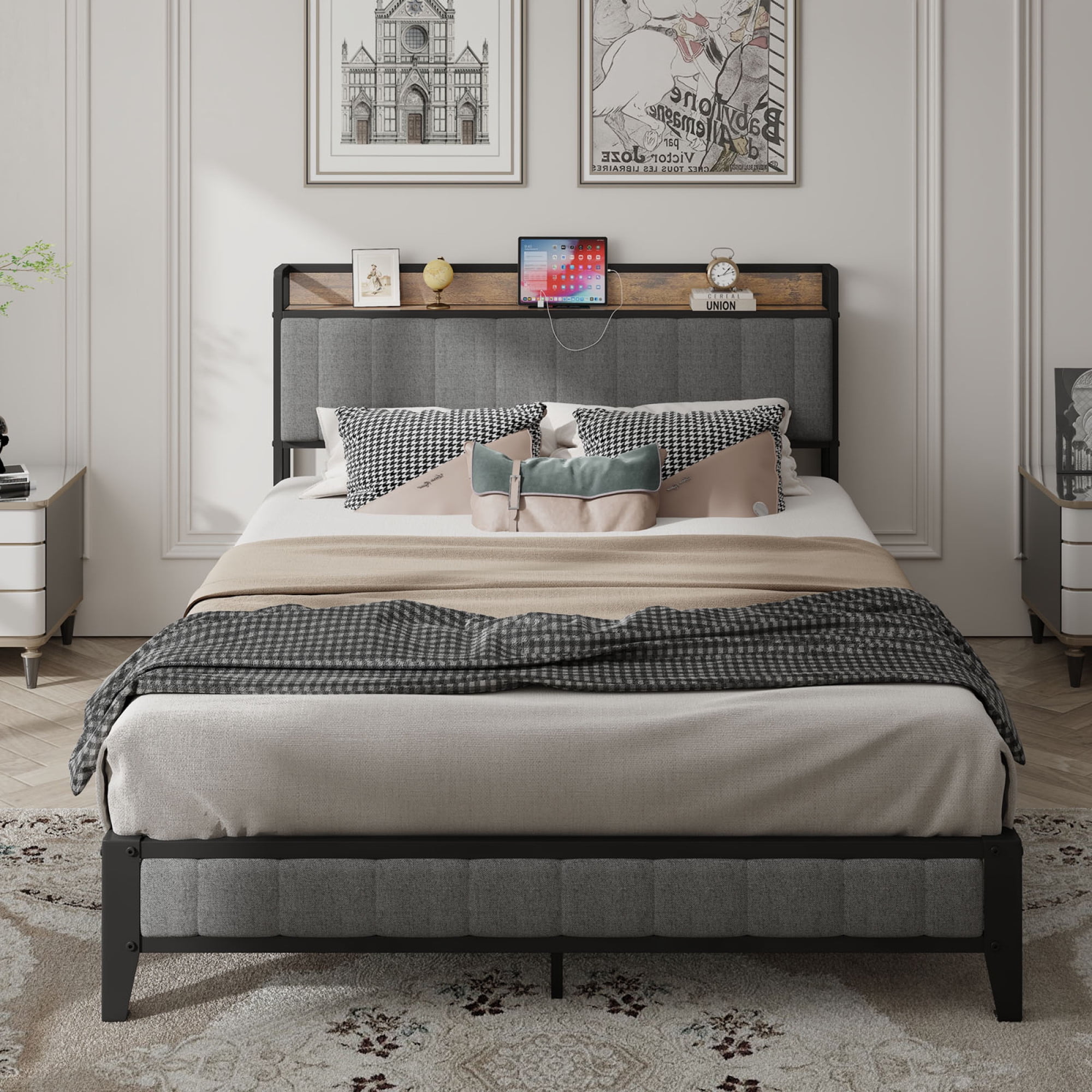 Queen Size Bed Frame with Upholstered Headboard and Charging Station,Platform Bed Frame with Heavy Metal Slats,Gray