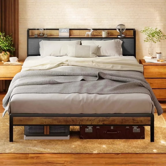 Queen Size Bed Frame with Upholstered Storage Headboard and Wooden Footboard, Under-bed Storage and Noise Free Design, Gray Finish