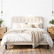 Queen Size Bed Frame with Upholstered Headboard, Under-bed Storage and Noise Free Design, Beige Finish