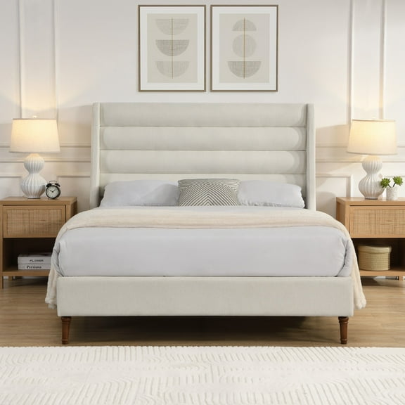 Queen Size Bed Frame with Wave-Shaped Headboard, Upholstered Chenille Platform Bed Frame with Wooden Legs Support, No Box Spring Needed, Ivory