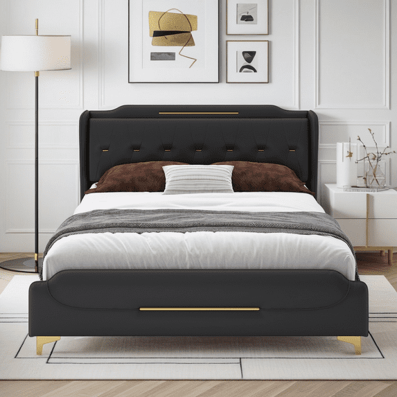 Queen Size Bed Frame with Wingback Headboard and Metal Legs,PU Leather Modeen Queen Bed Frame with Solid Wooden Slats Support,Easy Assembly,Black