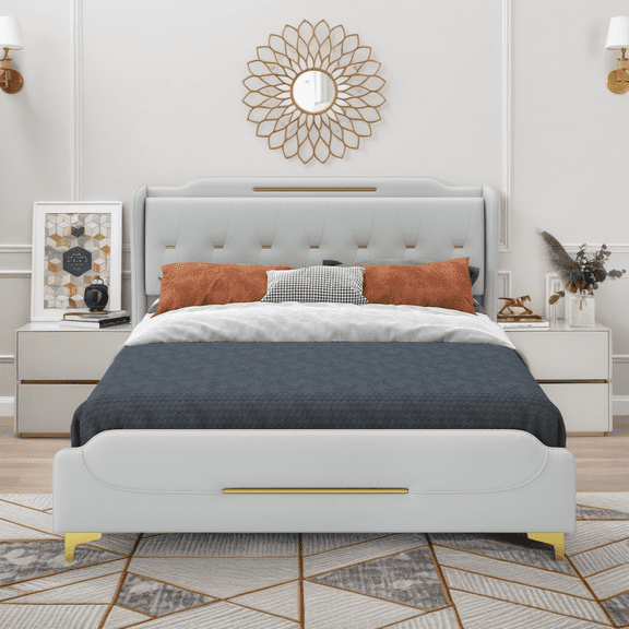 Queen Size Bed Frame with Wingback Headboard and Metal Legs,PU Leather Modeen Queen Bed Frame with Solid Wooden Slats Support,Easy Assembly,Gray