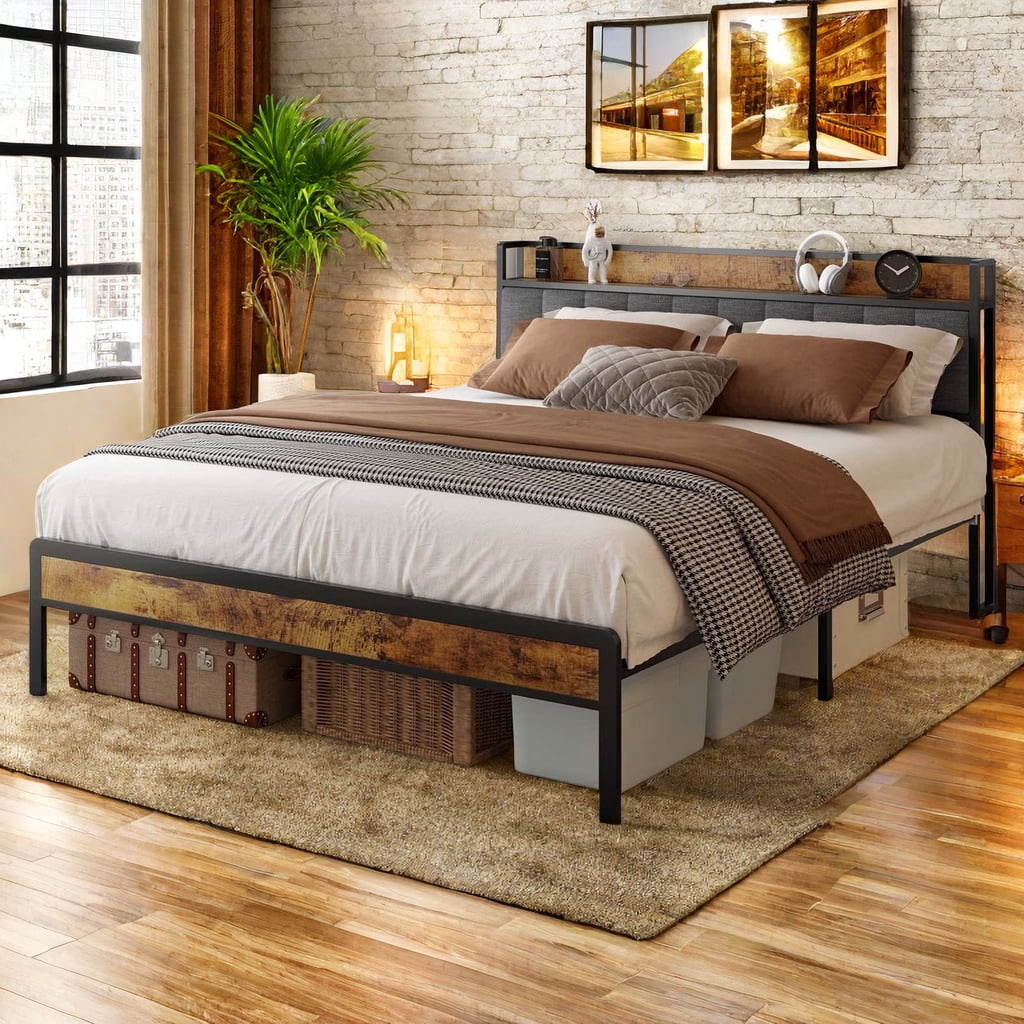 Queen Bed, Lofka Queen Size Bed Frame with Upholstered Wing Back Headboard and Noise-Free Design, Beige Finish