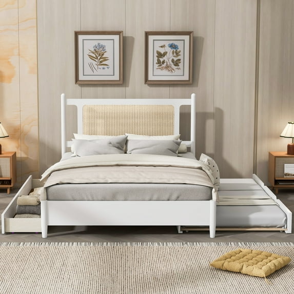 Queen Size Bed Frame with Wooden Rattan Headboard,Platform Bed with 2 Big Drawers,Trundle and Solid Wood Legs,White