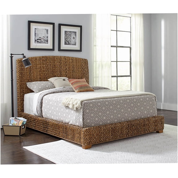 Queen Size Bed Frame with Woven Banana Leaf Headboard, Low Profile Wood Platform Bed for Boho Coastal Bedroom Decor