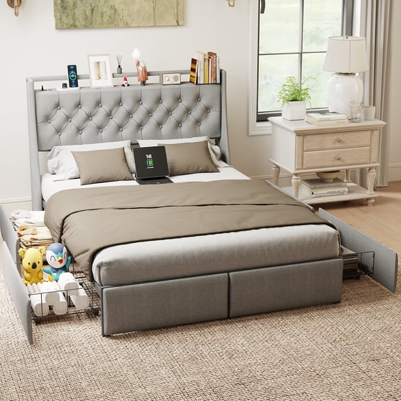 Queen Size Bed Frames Queen Metal Platform Bed Frame - Grey, Storage Headboard with RGB LED & Charging Station,Adjustable Bed Base