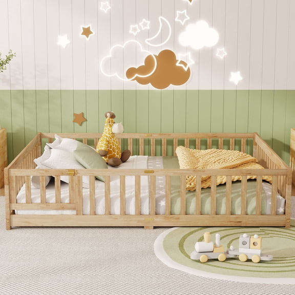 Queen Size Bed Frames Queen Size Floor Bed with Fence,Door,Rubber Wood Floor Bed with Safety Guardrails,Natural (Old Sku W504P286389),Adjustable Bed Base