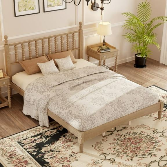 Queen Size Bed Frames with Gourd Shaped Headboard, Vintage Natural Wood Platform Bed, Western Spindle Beds, Noise Free, Easy Assembly, Natural