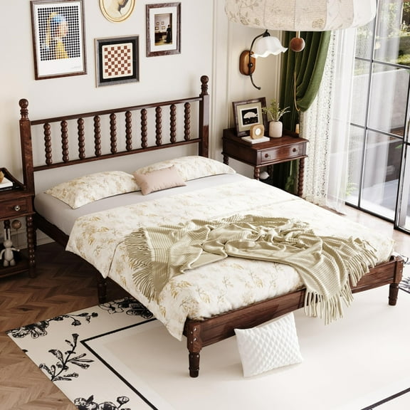 Queen Size Bed Frames with Gourd Shaped Headboard, Vintage Natural Wood Platform Bed, Western Spindle Beds, Noise Free, Easy Assembly, Walnut