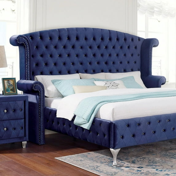 Queen Size Bed Glam Blue Padded Velvet Like Fabric 1pc Bed Wingback Design Crystal-Like Acrylic Buttons Bedroom Furniture