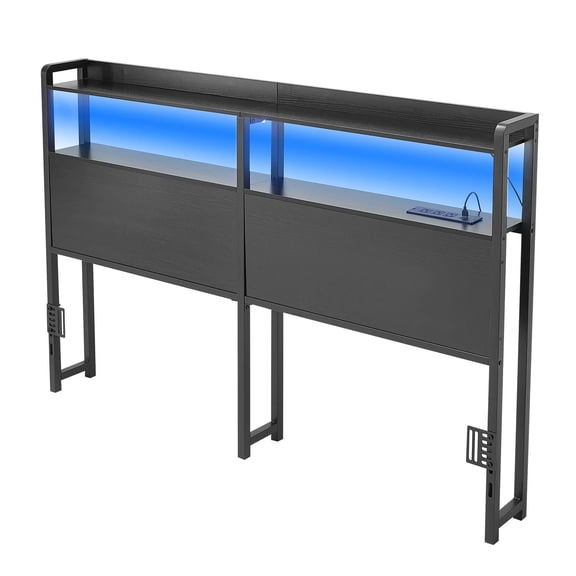 Queen Size Bed Headboard with Storage Shelves, LED Light, USB Ports, Outlets, Adjustable Height, Sturdy Carbon Steel Frame, Black