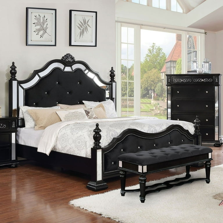 Queen Size Bed Mirror Trim Tufted Padded HB FB Posts Black Fabric 1pc Bed Frame Formal Bedroom Furniture Faux Wood Carving