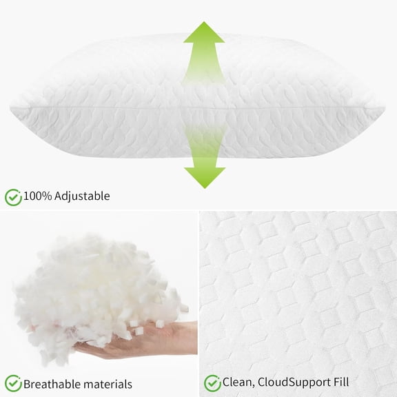 Queen Size Bed Pillows Cross Cut Memory Foam for Sleeping Adjustable Support Washable White