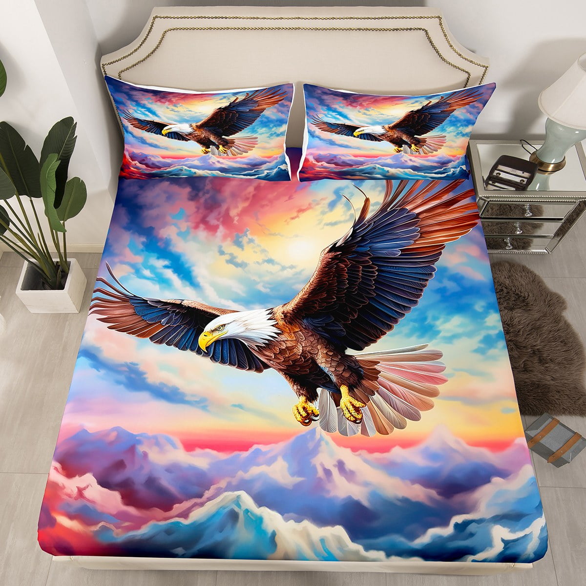 Queen Size Bed Set for Boys Eagle Fitted Sheet Bird Print Bed Sheets