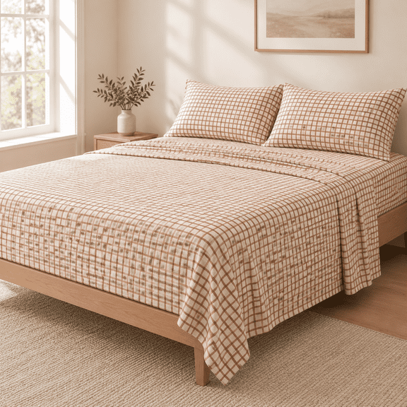 Queen Size Bed Sheet Set 09 - Clay Microcheck, Pure Cotton Flannel