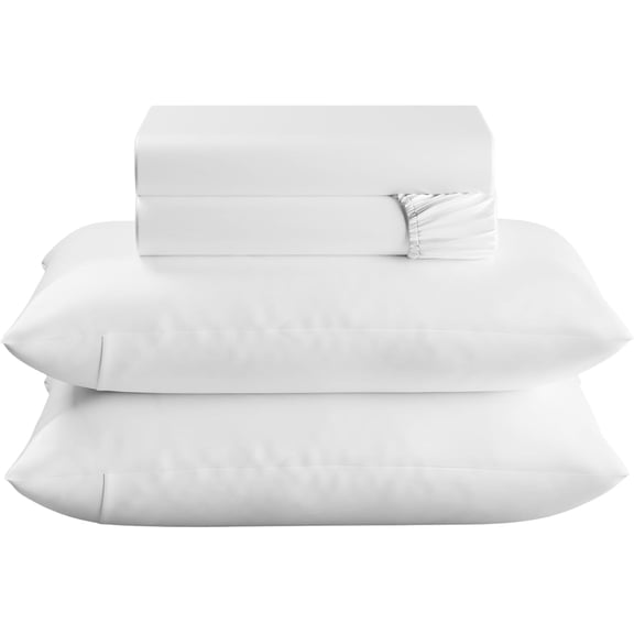 Queen Size Bed Sheet Set, 4-Piece Cotton Blend Bedding Set, White, 300 Thread Count, 15-Inch Deep Pocket, Breathable, OEKO-TEX Standard 100
