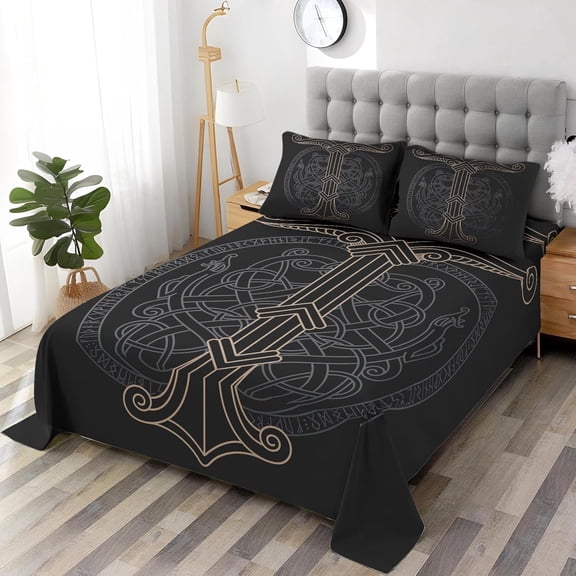 Queen Size Bed Sheet Sets,  Norse Soft Microfiber 4 Pcs Bedding Sets for Kids and Adults Bedroom Bed Decor, Medieval Gothic Flat, Fitted Sheet and 2 Pillowcases