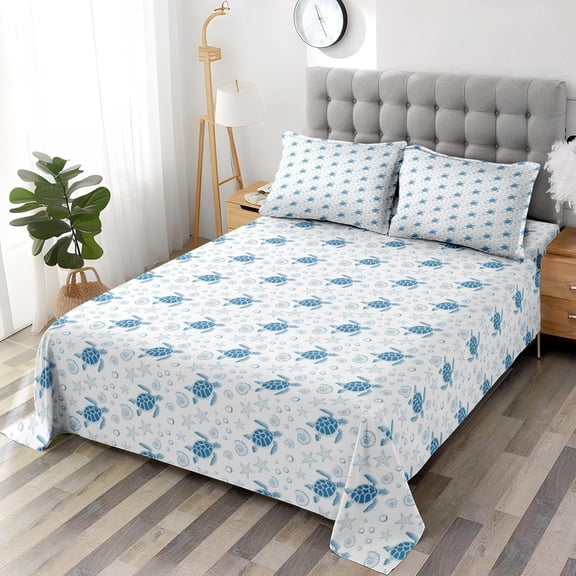Queen Size Bed Sheet Sets, Sea Turtle Ocean Soft Microfiber 4 Pcs Bedding Sets for Kids and Adults Bedroom Bed Decor, Animal Starfish Beach Flat, Fitted Sheet and 2 Pillowcases